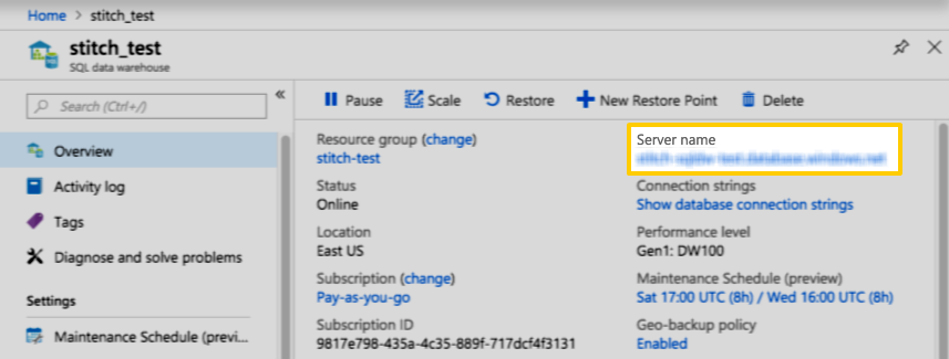 The Server name field for an Azure database, highlighted