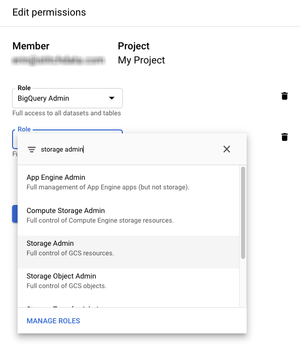 Assigning BigQuery Admin and Storage Admin permissions to a GCP user.