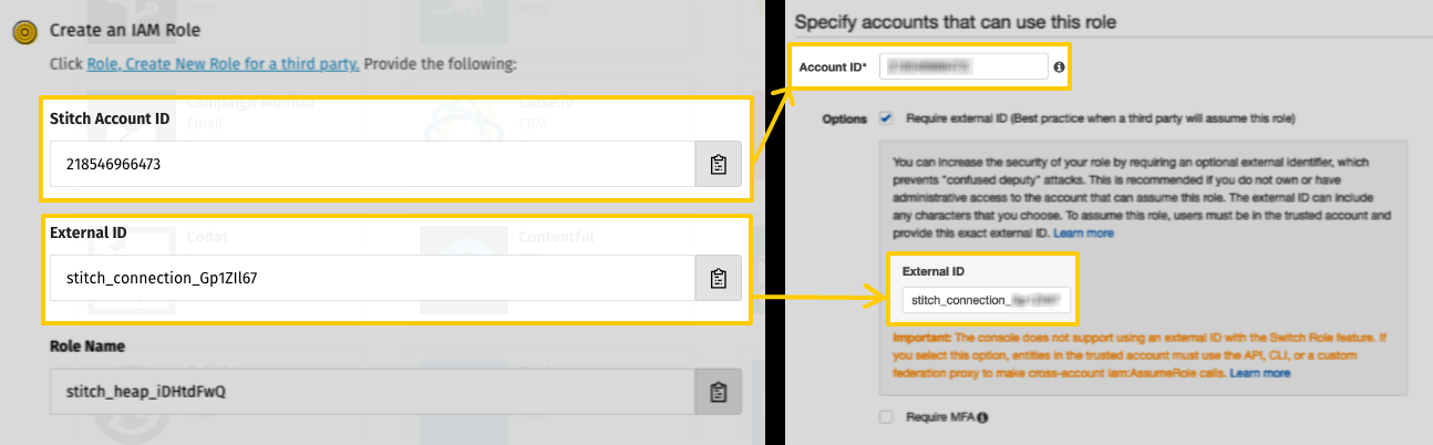 Account ID and External ID fields mapped from Stitch to AWS