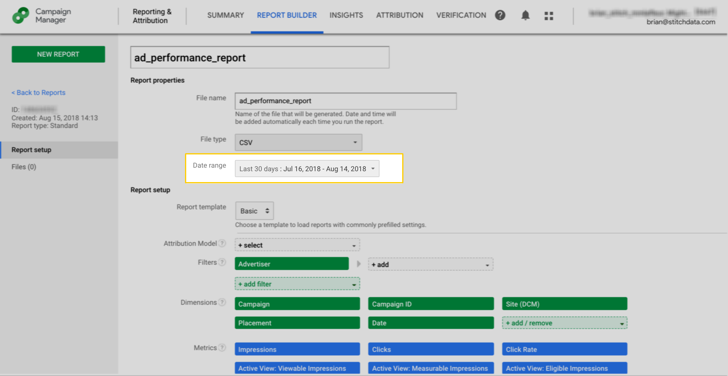 Report date range field highlighted in Campaign Manager