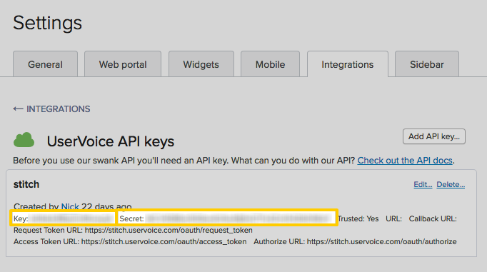 UserVoice UI with highlighted API key and API secret fields