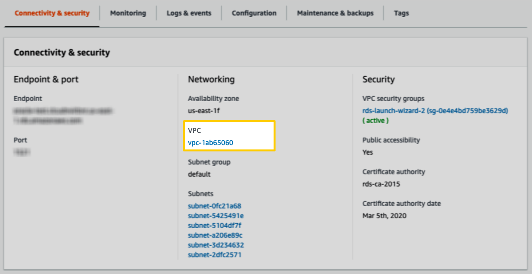 The VPC field in the Instance Details page in AWS