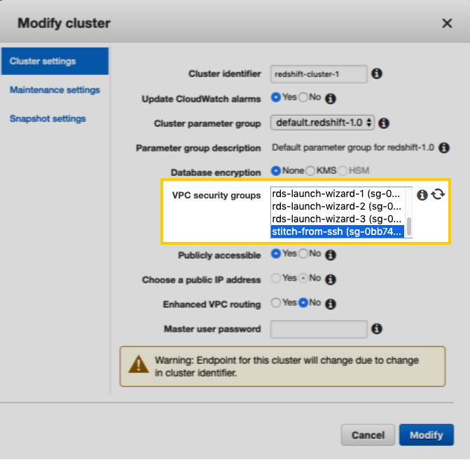 The VPC security groups field in the Modify Cluster window, highlighted