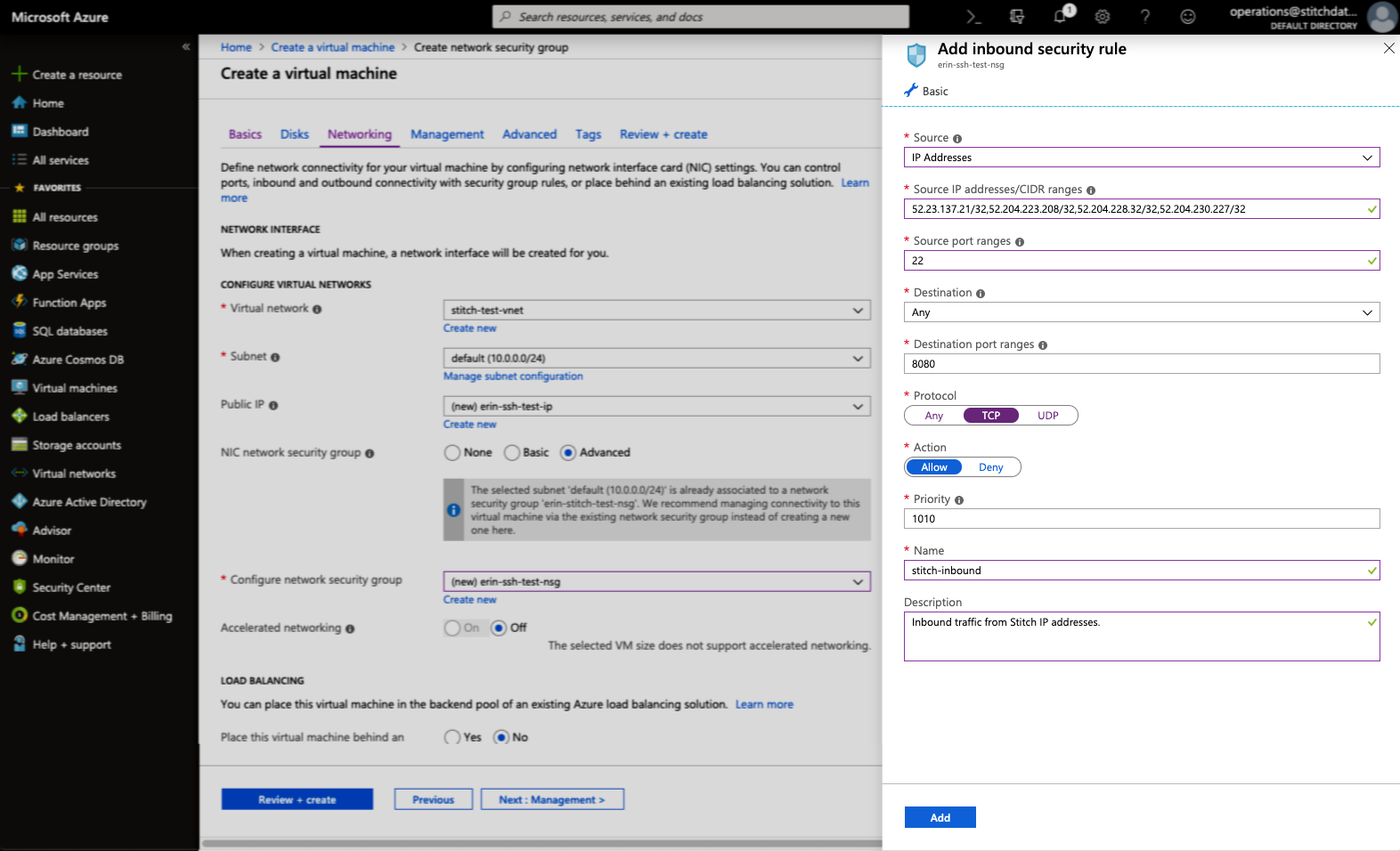 The Add inbound security rule panel in Azure, highlighted